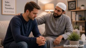 A Muslim counselor supporting a patient in addiction recovery.