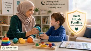 A Muslim therapist providing care funded by Halal Hibah grants, avoiding Riba in clinical expansion.