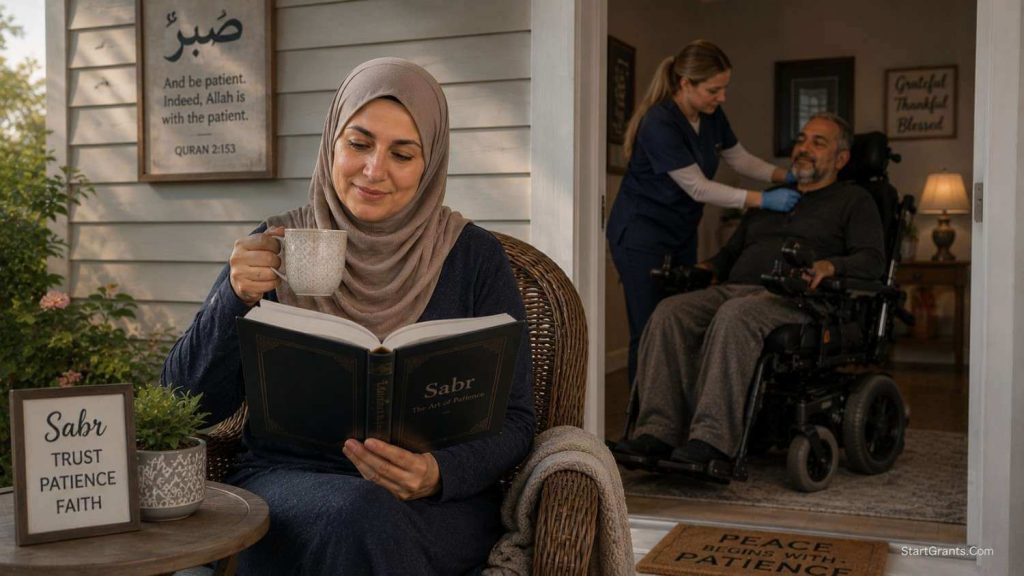 A Muslim caregiver taking a mental health break using respite care services.