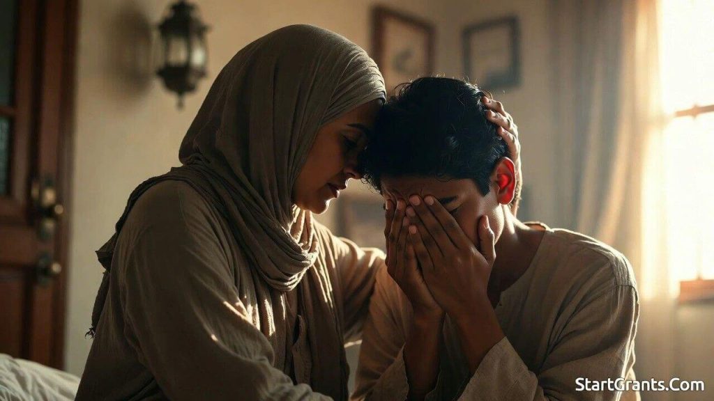 A Muslim parent comforting their child and validating their mental health struggles.