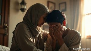 A Muslim parent comforting their child and validating their mental health struggles.