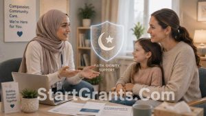 A Muslim family receiving Halal trauma counseling and utilizing Zakat-funded safe houses to escape abuse without engaging in Riba.