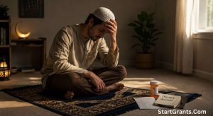 A Muslim individual balancing spiritual peace with mental health treatment.