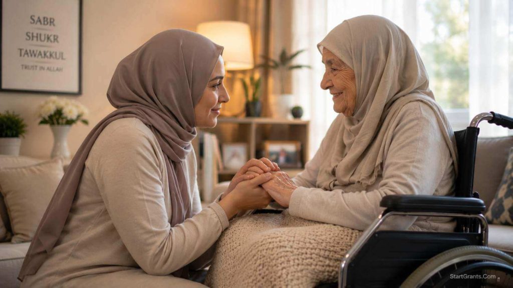 A Muslim caregiver showing compassion to a disabled family member.