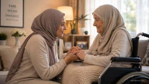 A Muslim caregiver showing compassion to a disabled family member.