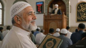A Muslim elder using a hearing aid to listen to the Friday Khutbah.