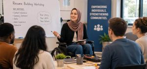 A respected Muslim adult with a disability engaging with their community.