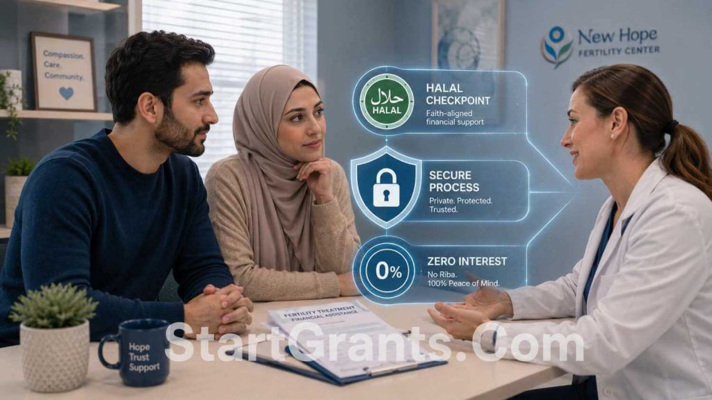 A Muslim couple learning about Halal IVF rules and securing fertility grants to avoid Riba.