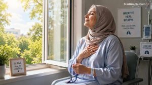 A Muslim lung cancer patient breathing fresh air and holding Tasbih.