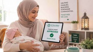 A Muslim mother utilizing Halal maternity grants and Zakat to cover childbirth and pediatric costs.