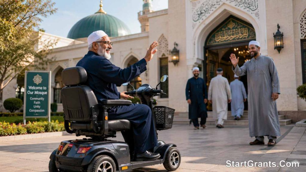 A Muslim on a mobility scooter going to the mosque, funded by Zakat.