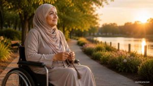 A Muslim MS patient in a wheelchair holding Tasbih and showing resilience.