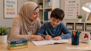 A Muslim parent practicing gentle parenting (Rifq) with an ADHD child.