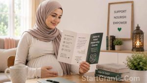 A Muslim mother exploring Halal financial assistance and government grants to cover pregnancy costs.