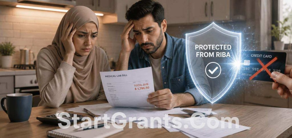 A Muslim couple avoiding medical Riba by utilizing free community clinics for pregnancy testing instead of expensive private hospitals.