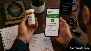 A Muslim utilizing Halal financial assistance and Zakat to pay for prescription drugs without Riba.