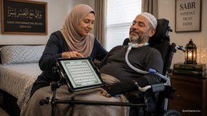A Muslim caregiver assisting a quadriplegic family member.