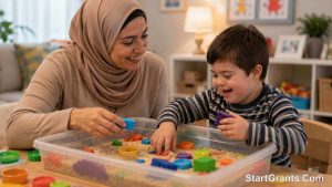 A Muslim mother engaging in sensory play with her disabled child.