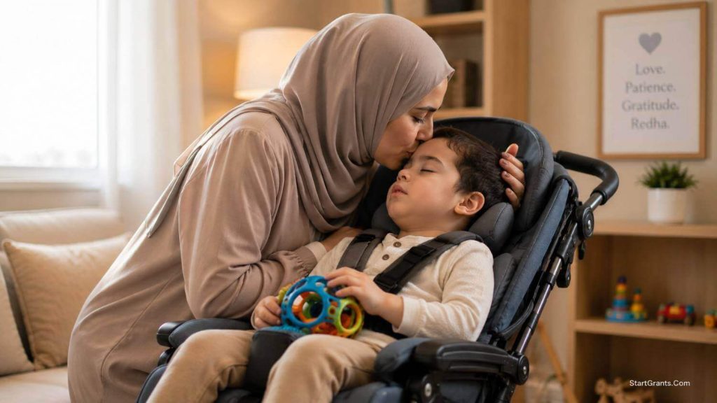 A Muslim parent showing unconditional love to their special needs child.