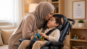 A Muslim parent showing unconditional love to their special needs child.