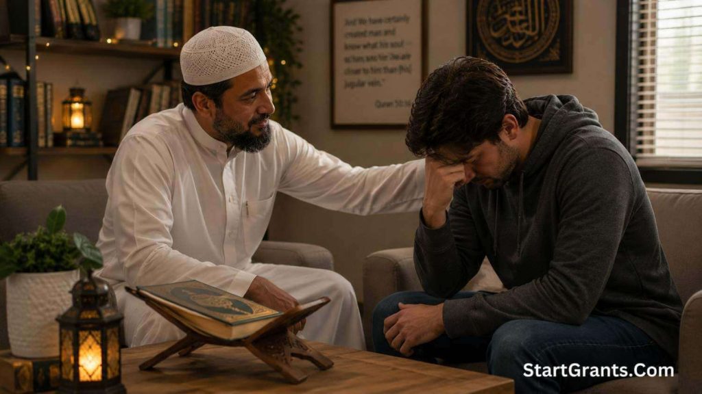 An Islamic counselor providing compassionate mental health support to a youth in crisis.