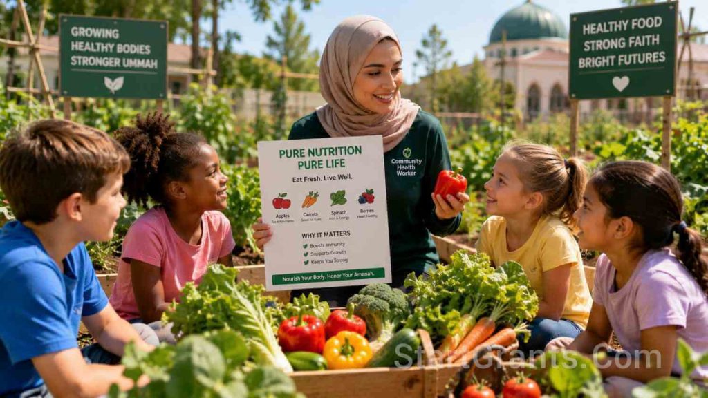 A Muslim health worker teaching children about Halal and Thayyib nutrition in a community garden funded by health grants.