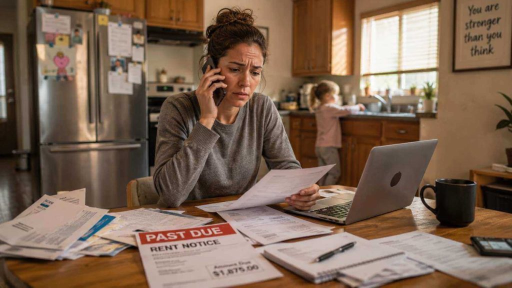 A worried mother reviewing past due bills and calling for rent assistance.