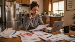 A worried mother reviewing past due bills and calling for rent assistance.