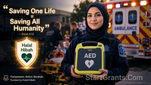 A Muslim first responder fulfilling Hifz al-Nafs using an AED funded by Halal community grants.