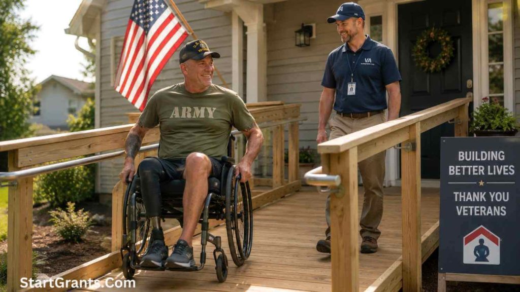 A disabled veteran utilizing a newly built wheelchair ramp funded by a VA grant.