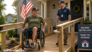 A disabled veteran utilizing a newly built wheelchair ramp funded by a VA grant.