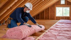 A professional contractor installing thick fiberglass insulation in the attic of a residential home to improve energy efficiency.