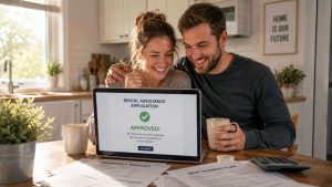 A relieved couple looking at an approved rental assistance application on their laptop.