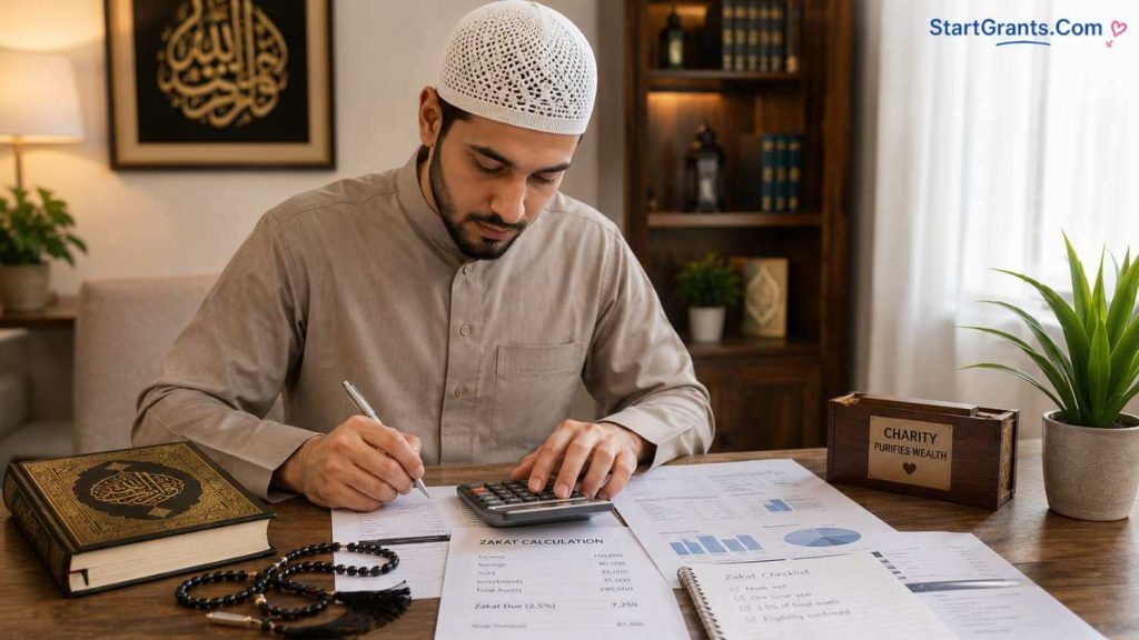 A Muslim individual carefully calculating their annual Zakat obligations.