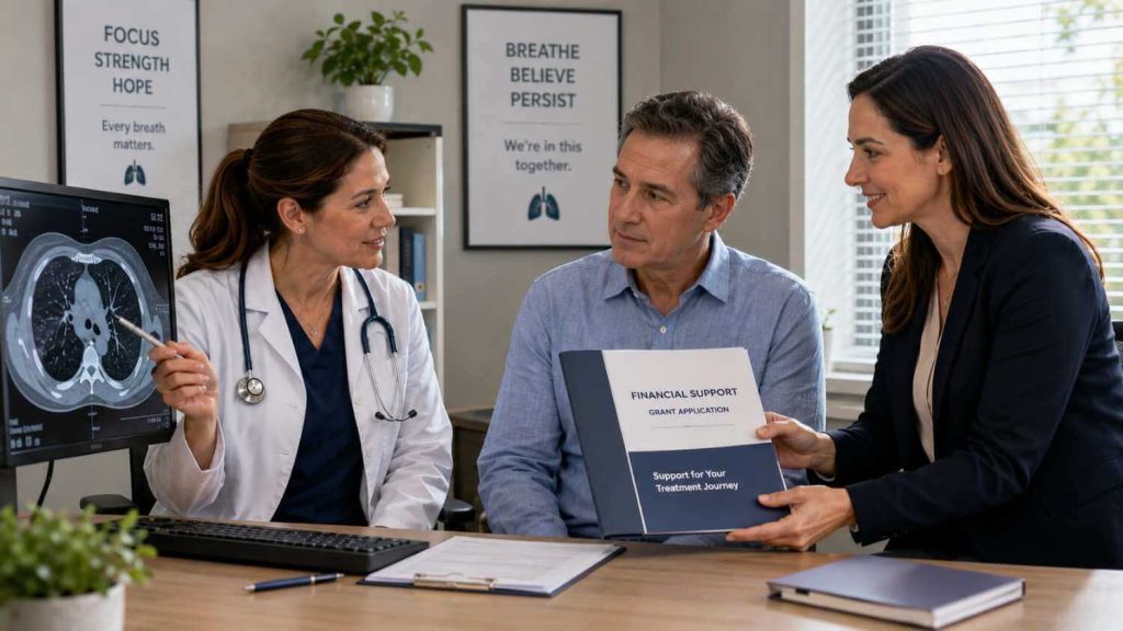 A doctor and patient reviewing a lung scan while discussing financial grants.