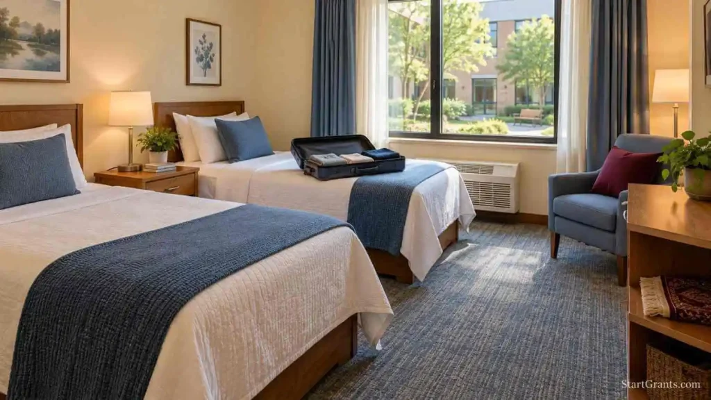 Modest guesthouse bedroom with two beds and a packed suitcase for travel to cancer treatment.