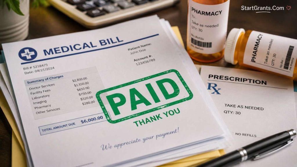 A stack of medical bills and prescriptions marked as paid.