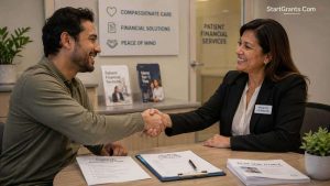 A relieved patient discussing financial assistance with a hospital counselor.