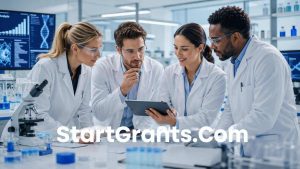 A team of scientists in a laboratory funded by medical research and institutional grants analyzing clinical data.