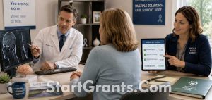 A neurologist and patient discussing MRI results and MS financial assistance.
