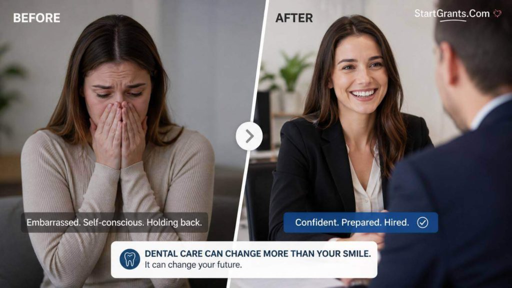 A before-and-after concept showing the confidence gained from restorative dental work.