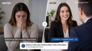 A before-and-after concept showing the confidence gained from restorative dental work.