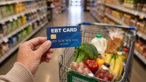A shopper holding a government EBT card to pay for fresh groceries.