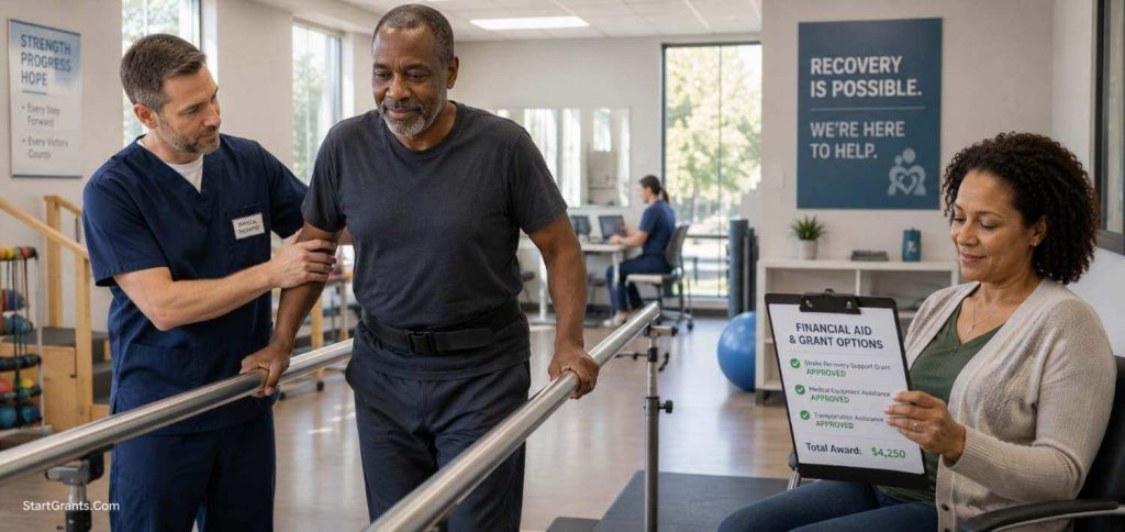 A stroke survivor undergoing physical therapy while a family member reviews financial assistance forms.
