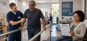 A stroke survivor undergoing physical therapy while a family member reviews financial assistance forms.