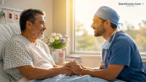 A hopeful patient holding hands with a surgeon before an operation.