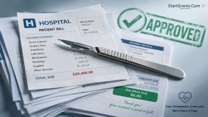 Medical bills for a surgery stamped with financial approval.