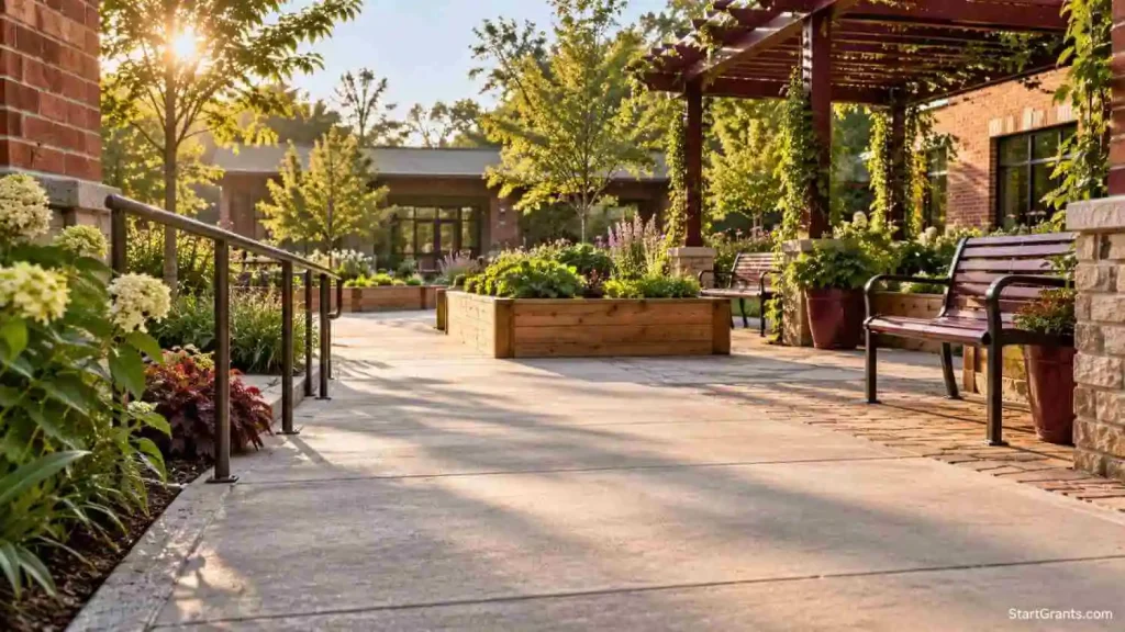 Community garden pathway illustrating daily living goals in a traumatic brain injury grants and financial assistance guide.