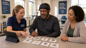 A cognitive therapist helping a TBI survivor with memory exercises.