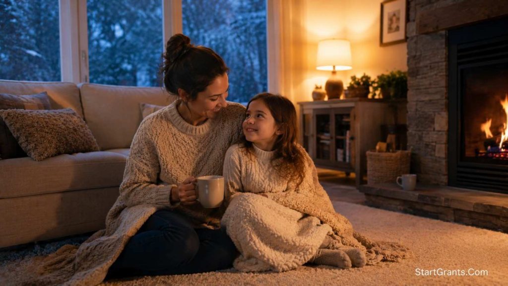 A mother and child staying warm inside their cozy home while it snows outside.